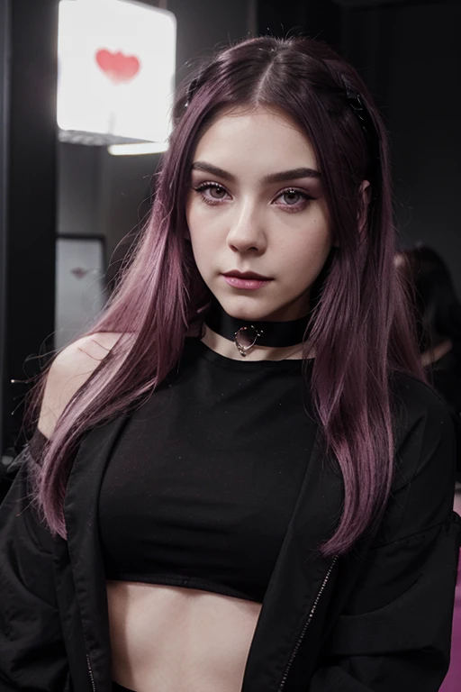An effeminate girl, with a delicate and beautiful face. has a thin body, but well designed, your skin is white and very pale. Her hair is dark with magenta highlights, likes to wear makeup, ((Wear a black choker)), outfit emocore, cute panties, lace high socks, band t-shirt.