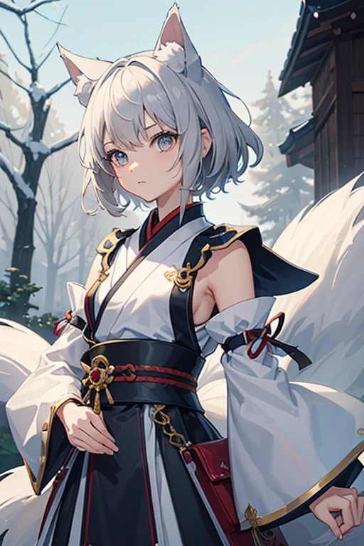 ((Highest quality)), ((masterpiece)), (detailed), This is an anime style model 16-year-old girl、whole body、petit body、 Big eyes。Small wolf ears。Short grey hair。　White samurai　　No sleeves　first round。The background is the forest　fog