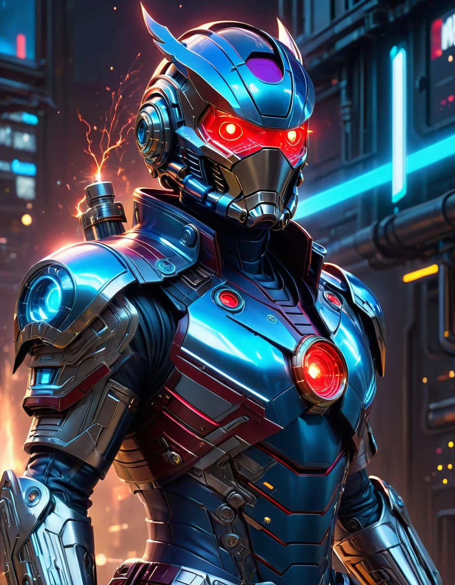 (Best quality, 8k, A high resolution, tmasterpiece:1.2), （Ultra-detailed), (Cybertron futuristic mechanical Star-Lord from Marvel Comics), full bodyesbian, dreamy glow，luminous neon lights，High-tech mechanical parts,Metal armor and wings,Metal heads and pecks,Metal helmet,Extremely cool,Metal legs,Bionic eye,Detailed futuristic design,sharp beak,hovers in mid-air,Electric blue and red,Vivid glowing eyes,Reflective metal surface,Interlocking mechanical gears,Dynamic and stylish design,motion blur effect,meticulous craftsmanship,Sci-fi atmosphere,Streamlined aerodynamic shape,Laser scanning pattern,holographic projections,Light-emitting circuit lines,hauntingly beautiful,Otherworldly precision,Advanced sensors,Complex algorithms,Ominous and mysterious atmosphere,electric sparks,Shiny chrome plating,Futuristic propulsion system，solo，Medium shot，concept-art, Fantasy theme,voluminetric lighting, Global illumination, Reflection, hyper HD，The light is bright，RGB colors，vibrant with colors, mecha musume，McCorg gear, Sci-fi atmosphere,Streamlined aerodynamic shape,Laser scanning pattern,holographic projections,Light-emitting circuit lines,hauntingly beautiful,Otherworldly precision,Advanced sensors,Complex algorithms,Ominous and mysterious atmosphere,electric sparks,Shiny chrome plating，solo，concept-art, Fantasy theme,voluminetric lighting, Global illumination, Reflection, hyper HD，The light is bright，RGB colors，vibrant with colors.