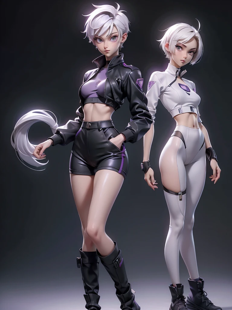 (((Best Quality))), (((Masterpiece))), (((Realistic))) slender, cute girl with short white hair and vibrant purple eyes. She wears a tight-fitting, sleek tight black boxer panties and sport bra with high-tech boots