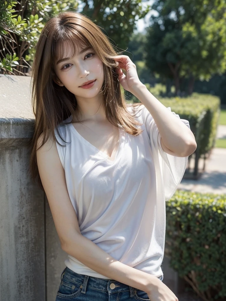 One beautiful model , Instagram (photoRealistic, High resolution:1.4), ((Puffy eyes)), View your audience, , whole body (8k, RAW Photos, Highest quality, masterpiece:1.2), (Realistic, photo-Realistic:1.37),(Sharp focus:1.2), Professional Lighting, Photon Mapping, Radio City, Physically Based Rendering, (Realistic skin:1.2),( ), View your audience, (Medium Hair:1.5),, Purple eyes, (Silver Hair:1.1),bangs, (Park Background:1.4), alone, Realistic,(masterpiece:1.4),(Highest quality:1.4),(Glowing Skin),Stylish girl,Compensate,smile(skinny,Mouth closed,shy :1.3) , shoulder,Full Color:1.1),whole bodyショット,T-Shirts ,jeans,Medium Bust, Photo session,information