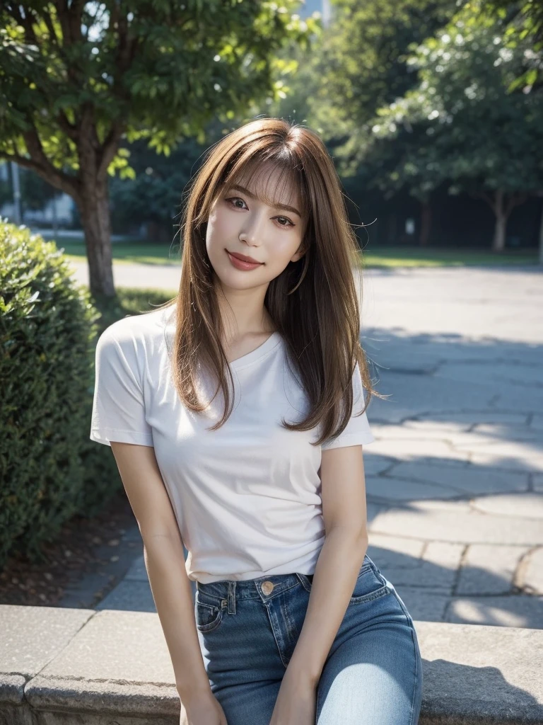 One beautiful model , Instagram (photoRealistic, High resolution:1.4), ((Puffy eyes)), View your audience, , whole body (8k, RAW Photos, Highest quality, masterpiece:1.2), (Realistic, photo-Realistic:1.37),(Sharp focus:1.2), Professional Lighting, Photon Mapping, Radio City, Physically Based Rendering, (Realistic skin:1.2),( ), View your audience, (Medium Hair:1.5),, Purple eyes, (Silver Hair:1.1),bangs, (Park Background:1.4), alone, Realistic,(masterpiece:1.4),(Highest quality:1.4),(Glowing Skin),Stylish girl,Compensate,smile(skinny,Mouth closed,shy :1.3) , shoulder,Full Color:1.1),whole bodyショット,T-Shirts ,jeans,Medium Bust, Photo session,information