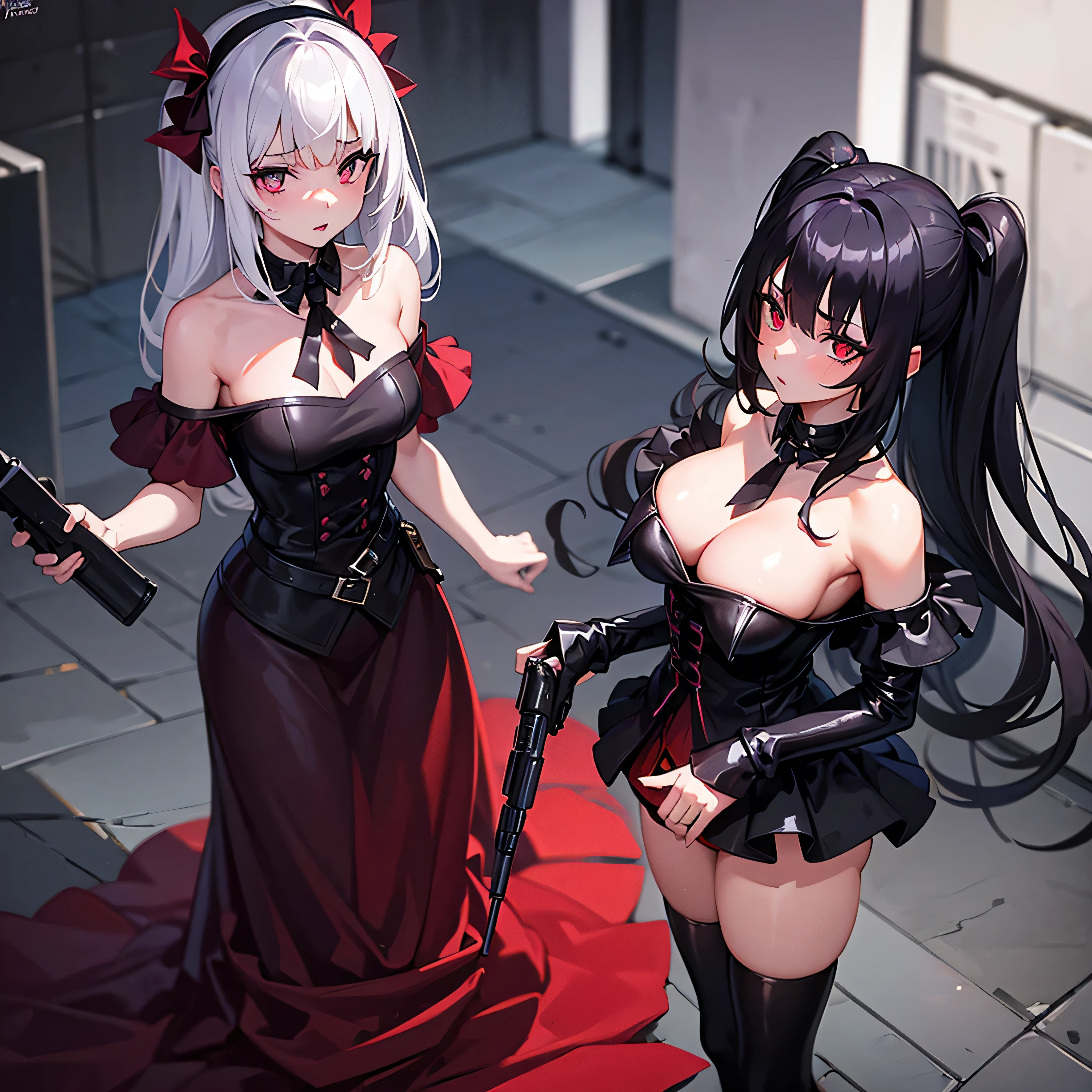 une fille, magnifique, tenue noir, robe avec des collants noirs, yeux rouge, inexpressive, en contre plongé, vu d'en bas, domination, avec un pistolet dans la main