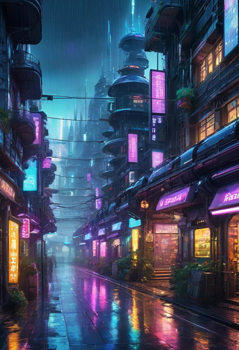 ((masterpiece)),((Highest quality)),((Attention to detail)),((Realistic,)) Future City, Architecture Street, Bazaar, Futuristic railway line, cyber punk, building, night, European cities, Rainy, neon