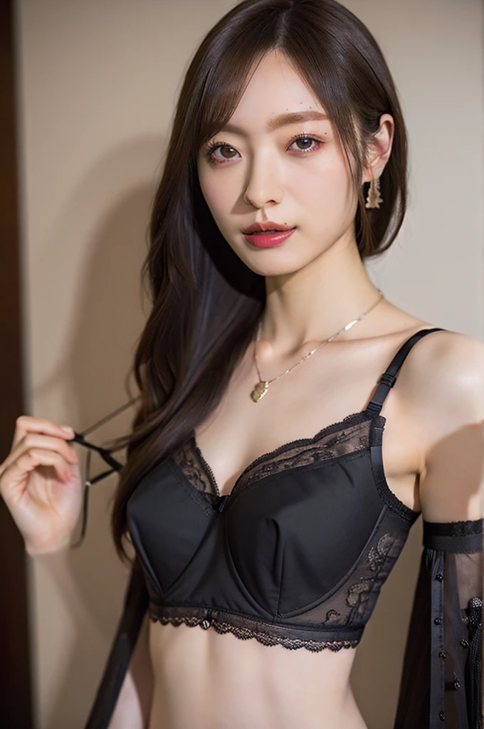 (Browsing Caution:-2), (Realistic, photo-Realistic:1.4), (masterpiece, Highest quality:1.2), RAW Photos, High resolution, Intricate details, Very detailed, Realistic and sharp details, Cinema Lighting, Portraiture, Face Focus, (Bust Shot:1.5), Front view, alone, One girl, Japanese woman, (Detailed face, Beautiful attention to detail, Refined nose), Pale skin, clavicle, necklace, jewelry, Medium chest, (Black Lingerie, Small bra, Small string, Thin straps, No sleeve:1.5), Photo Background, indoor,,,[Umezawa Minami, Nogizaka46]