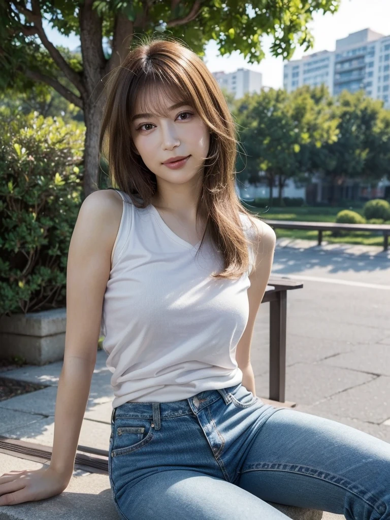 One beautiful model , Instagram (photoRealistic, High resolution:1.4), ((Puffy eyes)), View your audience, , whole body (8k, RAW Photos, Highest quality, masterpiece:1.2), (Realistic, photo-Realistic:1.37),(Sharp focus:1.2), Professional Lighting, Photon Mapping, Radio City, Physically Based Rendering, (Realistic skin:1.2),( ), View your audience, (Medium Hair:1.5),, Purple eyes, (Silver Hair:1.1),bangs, (Park Background:1.4), alone, Realistic,(masterpiece:1.4),(Highest quality:1.4),(Glowing Skin),Stylish girl,Compensate,smile(skinny,Mouth closed,shy :1.3) , shoulder,Full Color:1.1),whole bodyショット,T-Shirts ,jeans,Medium Bust, Photo session,information