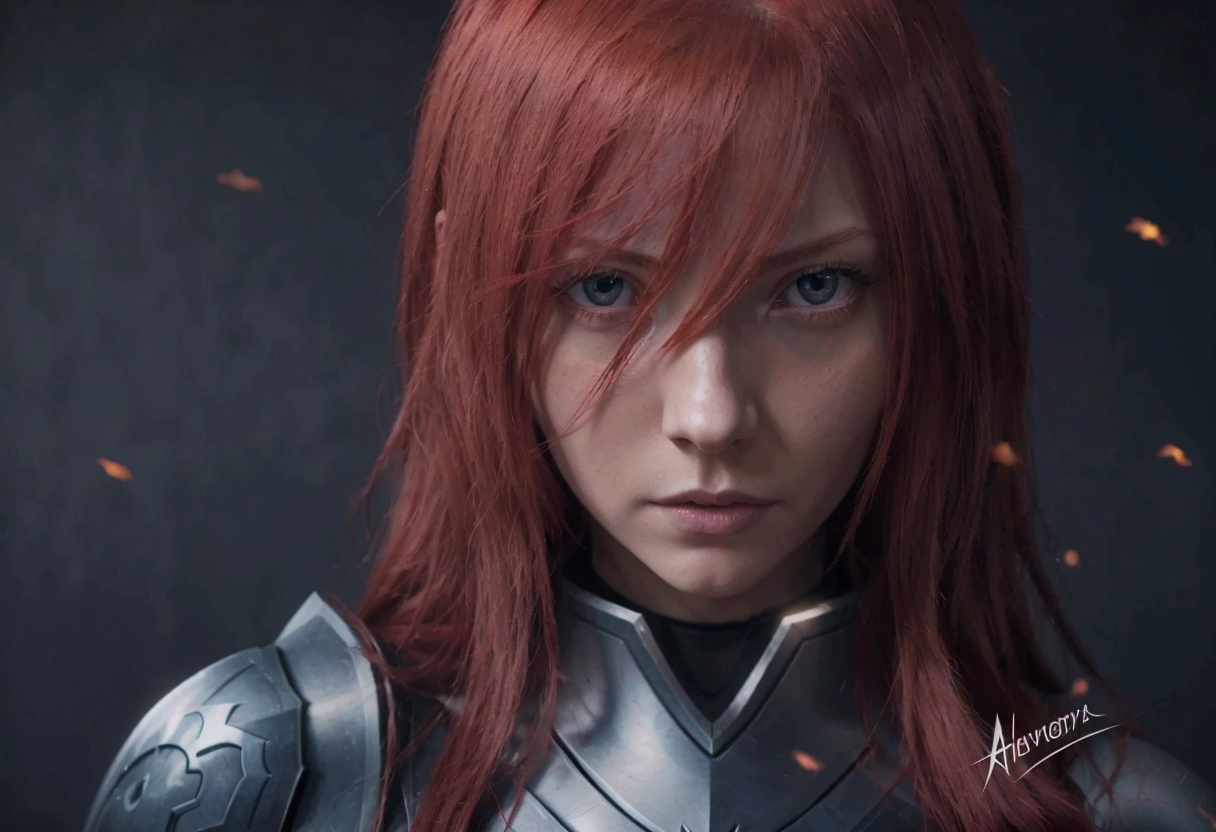 Anime girl with red hair and blue eyes on a dark background, Redhead Female Templar, Erza Scarlett as a real person, portrait of female paladin, Katarina from league of legends, deviantart art station cgscosiety, Katarina, Portrait of a girl in the Knights of the Zodiac, portrait knight woman, Character Art Close-Up, Character portrait close-up, Close-up character portraits, deviantart art station