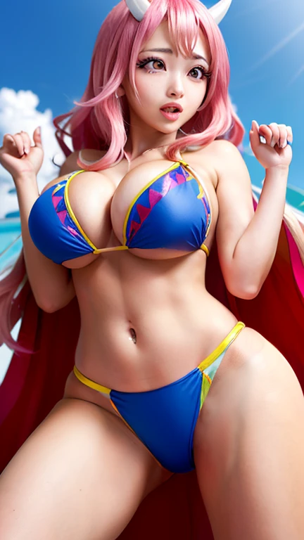 (shuna)、(Pink Hair、(Long Hair)、(two horns on the forehead,)、8k、Ultra-high resolution、Highest quality、Tabletop、Ultra-high resolution、(Super huge huge chests、Toned body:1.18)、(((Nipples are visible)))、(samba carnival costumes:1.5)、(Redhead:1.1)、Japanese women、very cute、((Ahegao)),(Roll your eyes)、Squat、Spread your legs,High Kick、bikini、Outdoor、a sunny day、Many people々々、Dancing the Samba