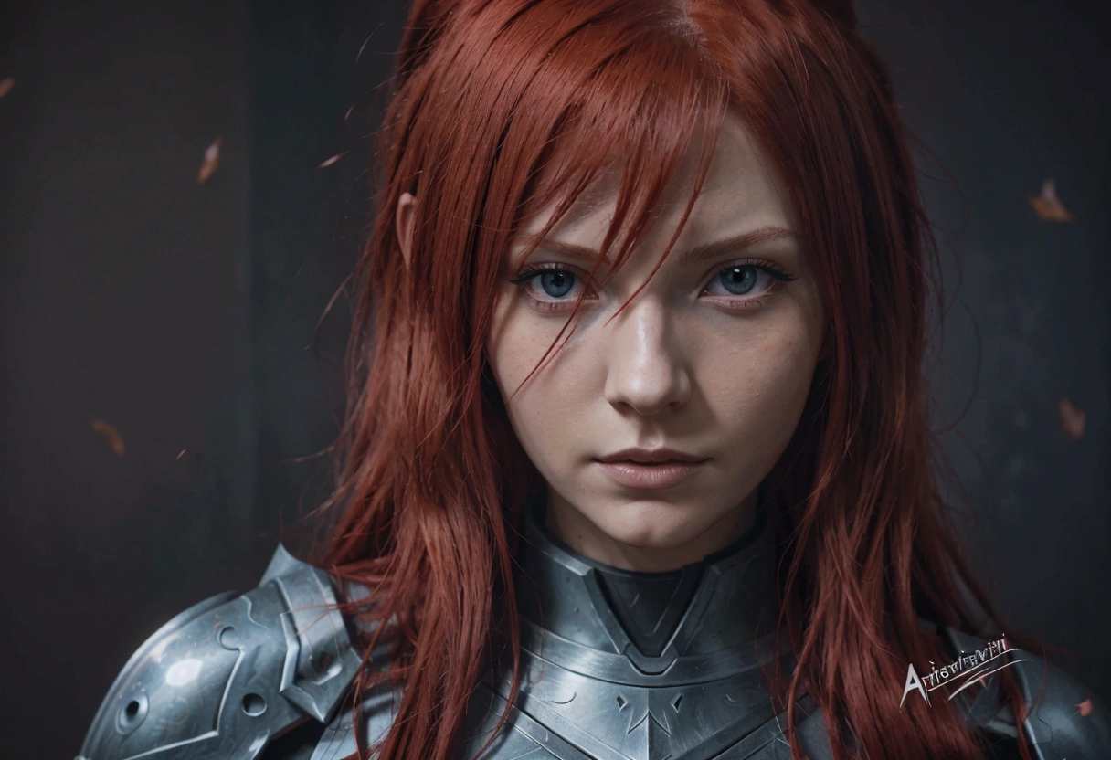 Anime girl with red hair and blue eyes on a dark background, Redhead Female Templar, Erza Scarlett as a real person, portrait of female paladin, Katarina from league of legends, deviantart art station cgscosiety, Katarina, Portrait of a girl in the Knights of the Zodiac, portrait knight woman, Character Art Close-Up, Character portrait close-up, Close-up character portraits, deviantart art station