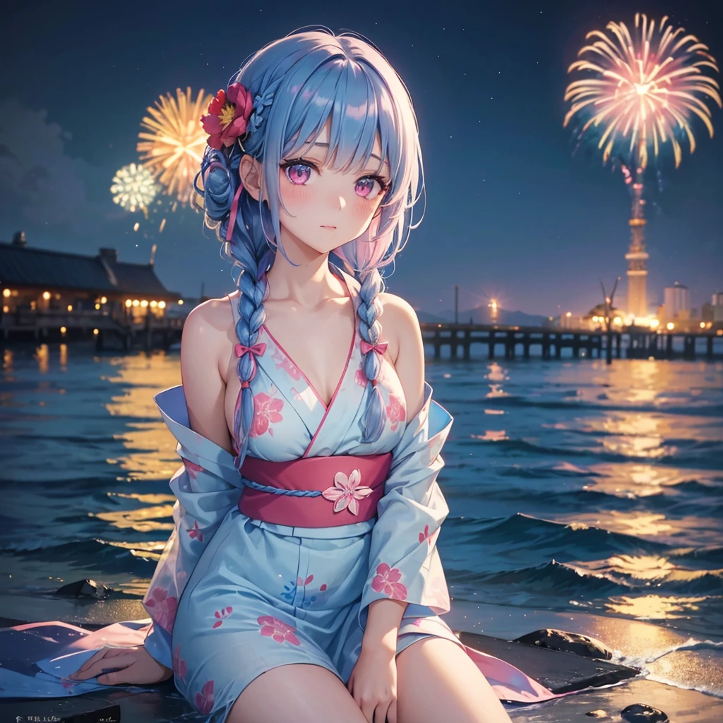 (Sky Blue Medium Hair:1.2), (Braided Hair),(Pink Eyes),Fair skin ,(whole body),(1 girl)、Floral Yukata、summer night、Extra-large fireworks filling the night sky、Huge fireworks launched from the sea、Watching the fireworks while sitting next to each other、Straight bangs,(masterpiece, Highest quality, Very detailed, Best Shadow), (Detailed Background), (Beautifully detailed face), High Contrast, (Best lighting, Very delicate and beautiful), ((Cinematic Light)), colorful, Hyper Detail 8k, Dramatic Light, Intricate details,Fireworks reflected on the water surface、
