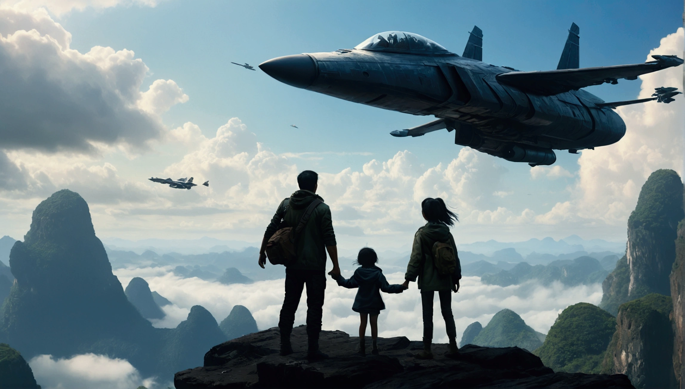 A couple of fighter planes flying over the silhouette of a Vietnamese father and daughter。They stand on top of a mountain with the wind blowing the daughter&#39;s hair and the father&#39;s jacket.。, Concept Art Wallpaper 4K, Sci-Fi Fantasy Wallpapers, Sci-Fi Art, 詳細なSci-Fi Art, 美しいSci-Fi Art, Spaceship in a cloudy sky, Concept Art Artwork Masterpiece, Concept art 4K, Concept art 4k, Sci-fi concept art, 神秘的なSci-fi concept art