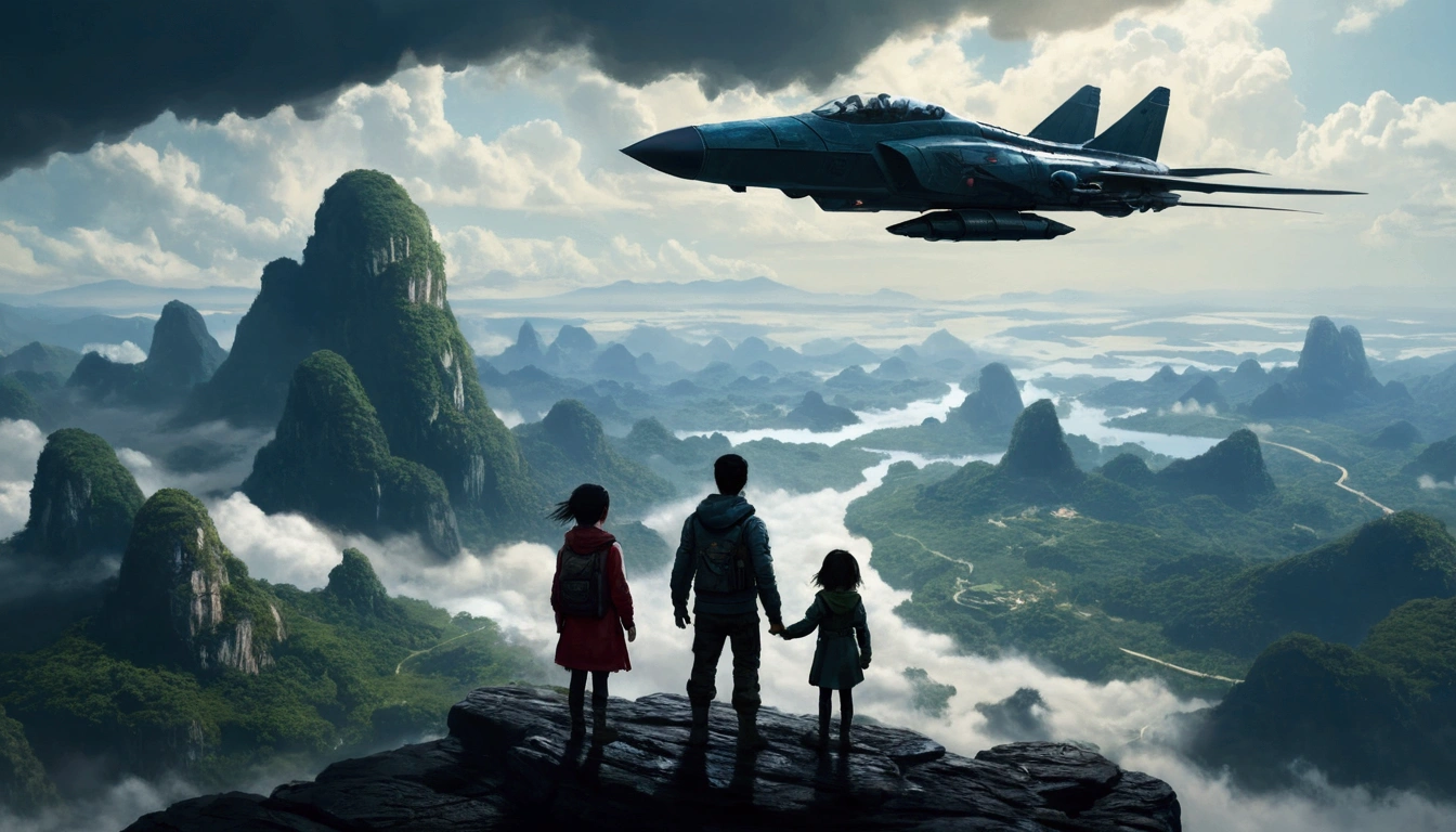 A couple of fighter planes flying over the silhouette of a Vietnamese father and daughter。They stand on top of a mountain with the wind blowing the daughter&#39;s hair and the father&#39;s jacket.。, Concept Art Wallpaper 4K, Sci-Fi Fantasy Wallpapers, Sci-Fi Art, 詳細なSci-Fi Art, 美しいSci-Fi Art, Spaceship in a cloudy sky, Concept Art Artwork Masterpiece, Concept art 4K, Concept art 4k, Sci-fi concept art, 神秘的なSci-fi concept art