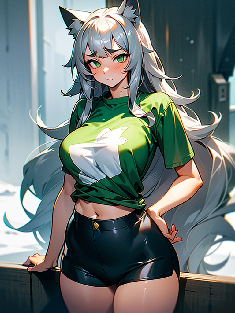 (long hair ,dark silver hair, black strand of hair, embarassed face) , green eyes, catgirl, cat tail, winkers, open oversized souvenir jacket, tight t-shirt reach just above large ample breast about to spill out, exposed chubby tummy and midriff, tight shorts, big ass, large hips, nice lighting, snowy environment