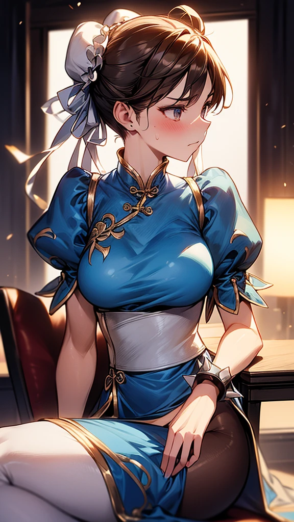 {{masterpiece}}, {{{Highest quality}}},{{Very detailed}},sf2 to,Chunli,Sitting in a chair in an office with a serious expression,profile,from side,Cowboy Shot,Focus on legs{{{Sitting in a chair in an office with a serious expression成熟した女性}}},{{疲労でSweatをかいている成人女性}},Sweat,Hold the arm with one hand ,sit,{{Blushing}},{{V-shaped eyebrows}},{{Blue clothes}}{{Blue clothes}},{{puffy short sleeve}},{{{Blue Chinese dress with gold lines}},{Bunhead}},{{{}},{椅子にsit}},{},, ,{{}},{{Tied Hair}},,{{Thin legs}},{{White belt}},,Slender body}}{{ blue pelvis curtain}}, spike bracelet, sash, Brown pantyhose, ,,blush,Wrinkles ,amount,Grit your teeth,suffering,v-shaped eyebrows.,Sweat dripping,Medium chest ,get annoyed,,Inside the office,