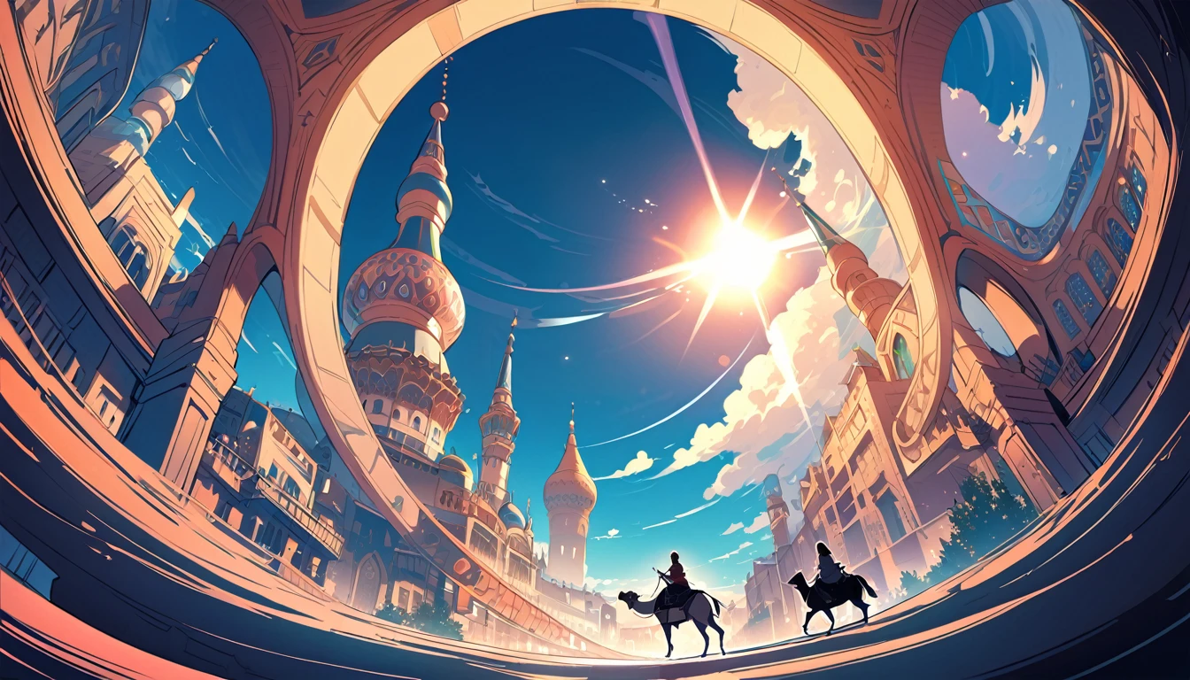 Near a shining oasis、Detailed cartoon illustration of a man wearing traditional arabic costume riding a camel。 In the background、Glamorous architecture、minaret、Depicts an Arabian city with domed buildings。 The soft golden light from the setting sun illuminates the scene.、Creates long shadows and a warm glow。 Created using: Vibrant color palette、Dynamic pose、Wide-angle view、Complex Line Drawing、Studio Ghibli Style、Atmospheric perspective、Soft Shading、High Contrast、HD quality、Natural look
