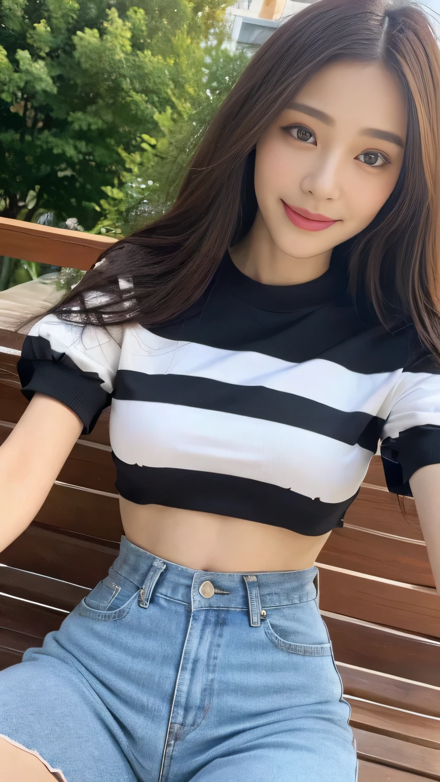 seed:2020674263.((Full body angle:1.1)).((Highest quality, 8k, masterpiece:1.3)), ((from below:1.1)).concentrated:1.2, Perfect body beauty:1.4, Hips:1.2, ((Delicate Hair)), (Vibrant color block short sleeve crop top for women,Shorts :1.1) , ((Highest quality、8k、masterpiece:1.3))、1 Girl、A sloppy smile、Esbian all over body、Slim face、Big 、Beautiful woman、(Dark Brown Hair)、Long Hair、1.1、Flickering Valley、Detailed eyes、double eyelid、Blurred Background、超Slim face、Smile、Looking down、stroll.extreme extreme close-up.cowboy shot