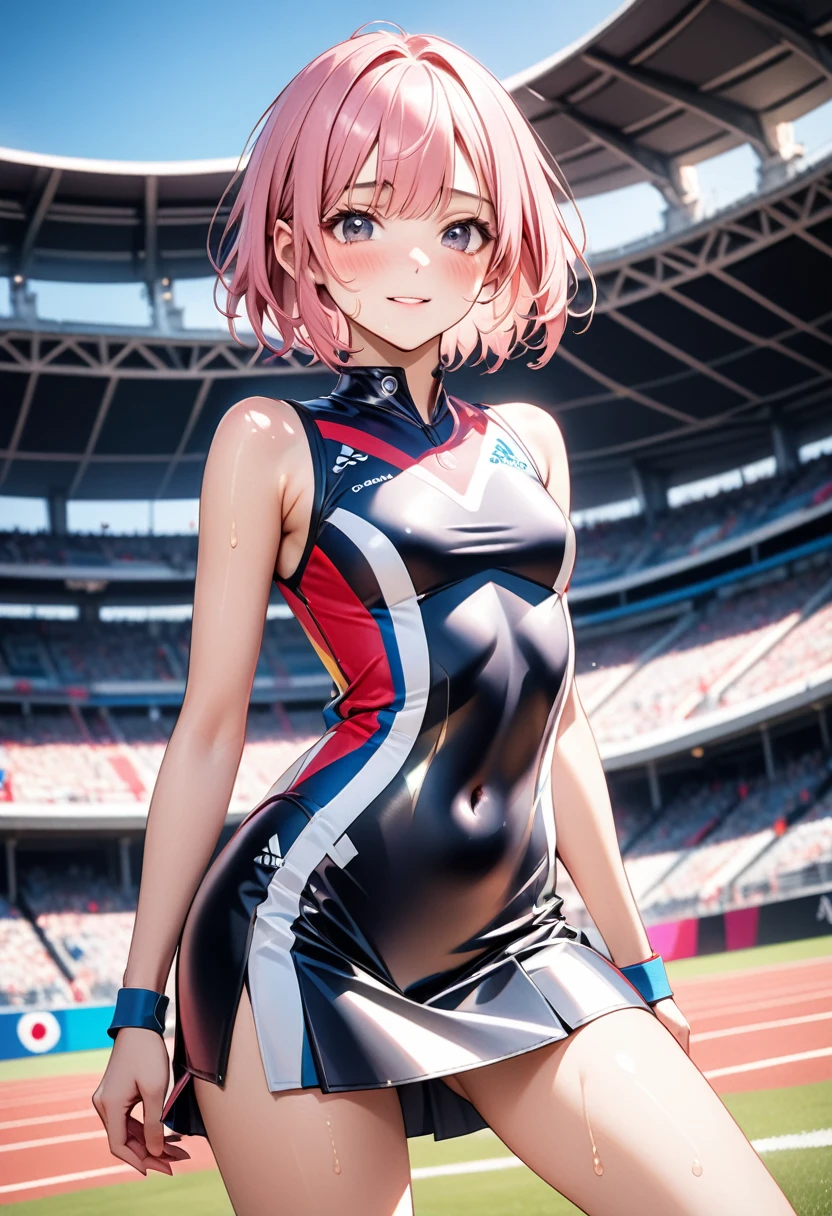 Female Olympians,(((Athletes' Metallic uniforms), (skirt))), (Navel), skindentation, skinny, solo, 1 woman, Masterpiece, highest quality, highest quality, 16K, incredibly absurd, highly detailed, 2.5D, ai-generated, delicate and dynamic, very delicate facial expressions, delicate eye depiction, erotic, only sexy woman, ((A cute and kind face)), healthy figure, ((25-year-old woman)), 160cm tall, ((medium firm swaying bust)), (short hair), (pink hair:1.5), bob cut, black eye, blush, Sweat,Embarrassed,sexy, ((thin thighs)), (camel toe:0.7), (visible nipples:0.5), (Erect nipples,:0.7), shiny and lustrous, facing straight at viewer, (((in heat))), ((Oily_skin)), ((dutch angle)), ((erotic pose)), ((standing)), Athletics stadiums and Olympic venues on sunny days,