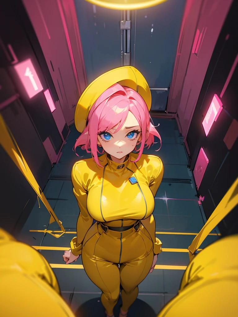 Mature woman inside a server being viewed through a HUD with information, facefocus, big pink hair, shining blue eyes, wearing a mustard yellow jumpsuit, breasts big, looking 35 years old, eye on the spectator, look to the camera, , the background is a dark corridor, Hands on waist, thick-thighs, ((look up looking at the viewer)), masterpiece