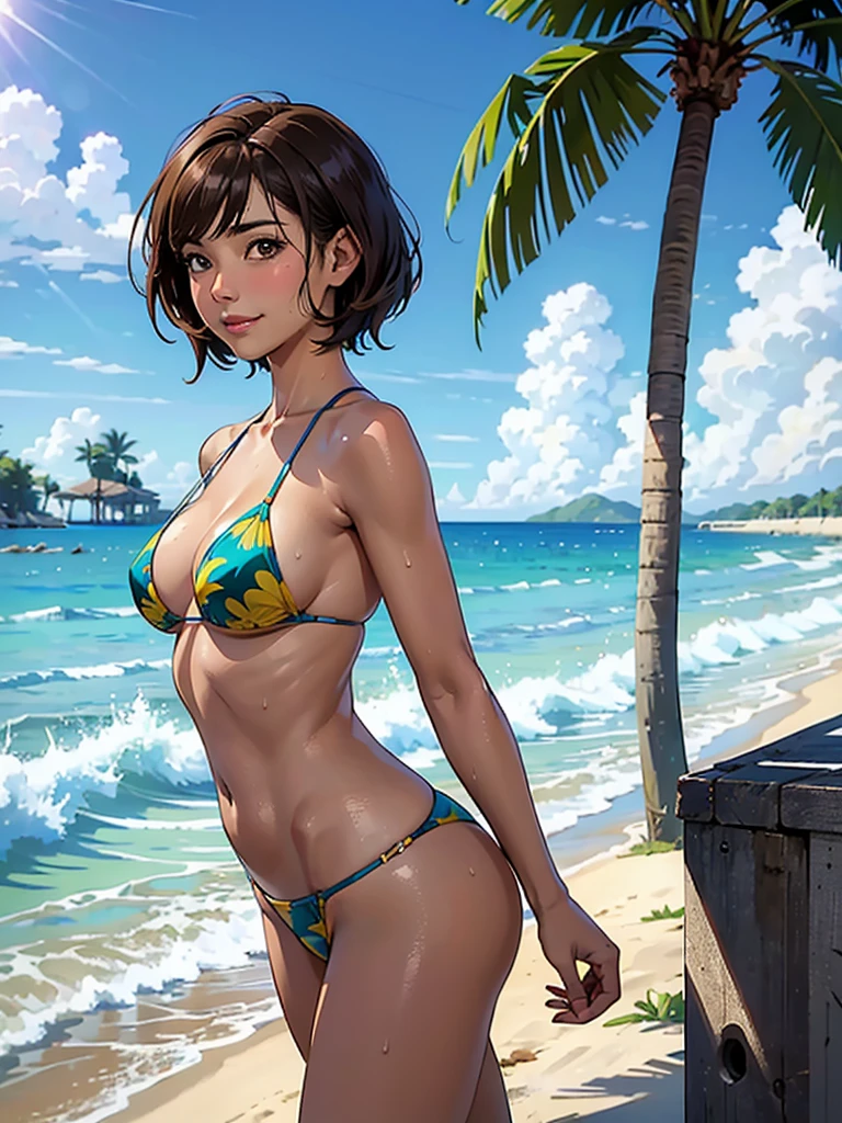 ((highest quality, masterpiece, High resolution)), ((reality)),Photos of beautiful Japanese women,((anime art))、 (((1 girl))), normal size breasts, slim body shape,  medium short hair, double eyelid, Wet see-through micro bikini,  A pareo with bold ethnic patterns and plenty of primary colors、(Brown skin:1.4),realistic skin、Wet,whole body,cinematic light、tropical、Against the background of palm trees on both sides、on a sunny beach、With the sea in the background、blur background、smile