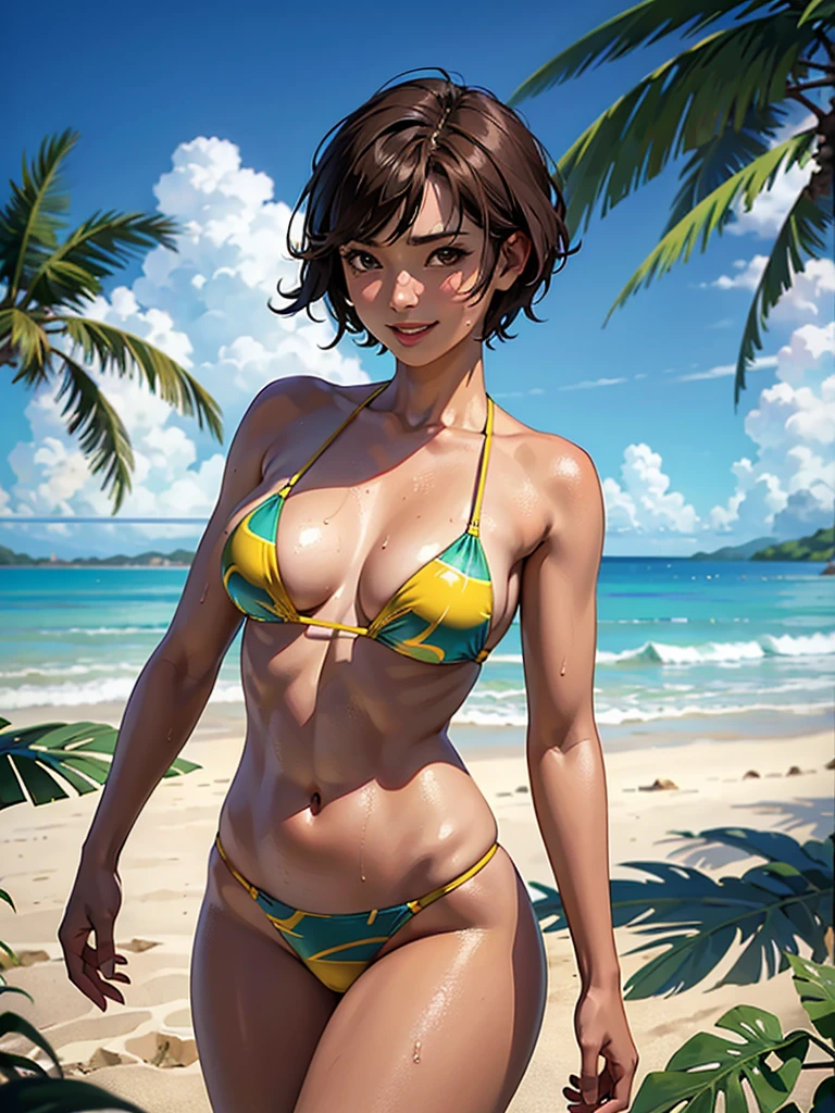 ((highest quality, masterpiece, High resolution)), ((reality)),Photos of beautiful Japanese women,((anime art))、 (((1 girl))), normal size breasts, slim body shape, medium short hair, double eyelid, Wet see-through micro bikini, A pareo with bold ethnic patterns and plenty of primary colors、(Brown skin:1.4),realistic skin、Wet,whole body,cinematic light、tropical、Against the background of palm trees on both sides、on a sunny beach、With the sea in the background、blur background、smile