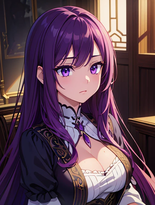 beautiful woman with long violet hair, violet eyes, pale and flawless skin, wearing a dark purple blouse with neckline, intricate detailed face, mesmerizing gaze, elegant posture, natural lighting, fantasy art, cinematic, dramatic lighting, chiaroscuro, deep rich colors, jewel-toned, ethereal, (best quality,4k,8k,highres,masterpiece:1.2),ultra-detailed,(realistic,photorealistic,photo-realistic:1.37)