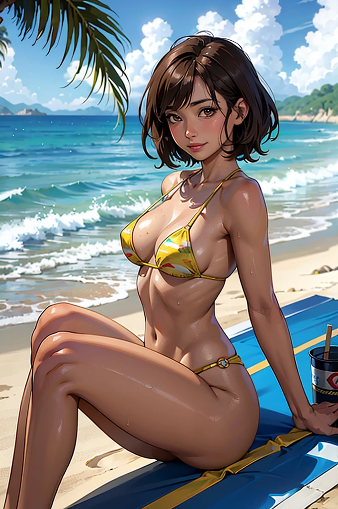 ((highest quality, masterpiece, High resolution)), ((reality)),Photos of beautiful Japanese women,((anime art))、 (((1 girl))), normal size breasts, slim body shape,  medium short hair, double eyelid, Wet see-through micro bikini,  A pareo with bold ethnic patterns and plenty of primary colors、(Brown skin:1.4),realistic skin、Wet,whole body,cinematic light、tropical、Against the background of palm trees on both sides、on a sunny beach、With the sea in the background、blur background、smile