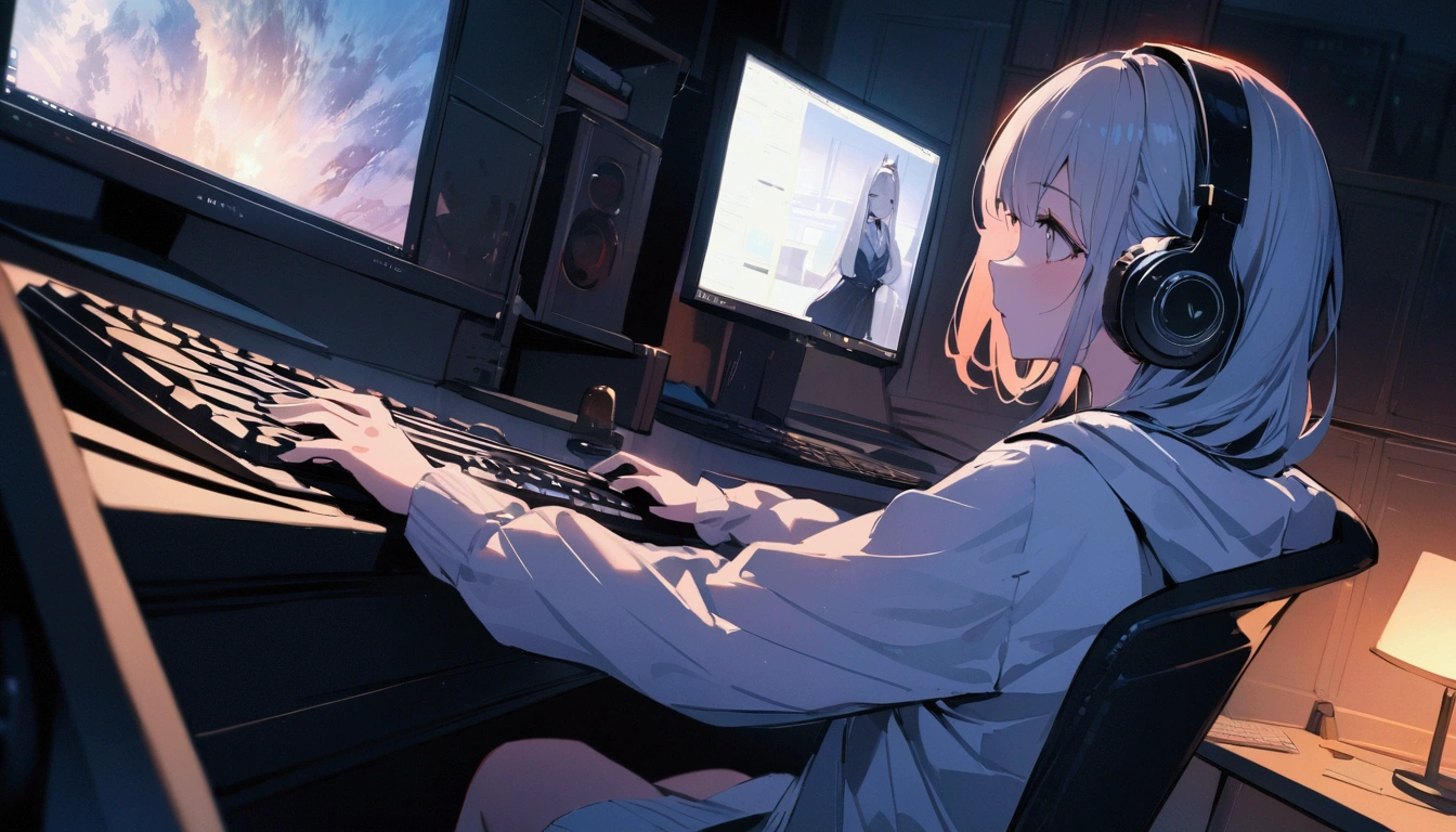 Highest quality,masterpiece,,high resolution,4K,Atmospheric,Detailed Description,Girl typing on a computer keyboard,evening,Private room,headphone,A foolproof move,Staring at your computer screen