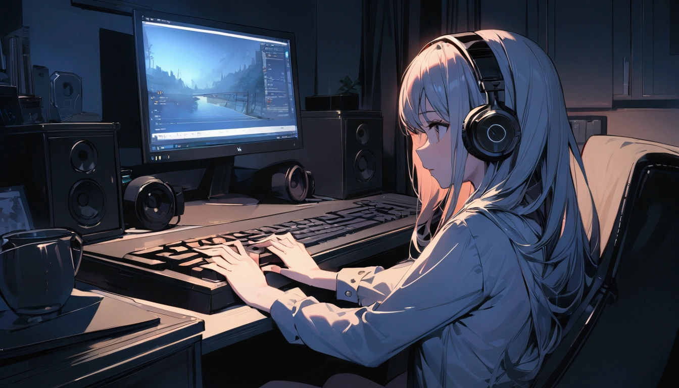 Highest quality,masterpiece,,high resolution,4K,Atmospheric,Detailed Description,Girl typing on a computer keyboard,evening,Private room,headphone,A foolproof move,Staring at your computer screen
