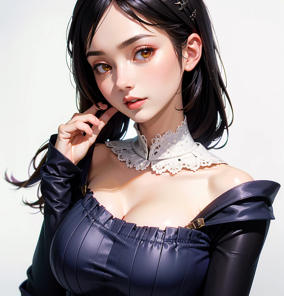 (Highest quality, masterpiece, Very detailedな, Very detailed, Exquisite, 16K,Full HD),(White Background:1.5),、Big Breasts,No text,Upper Body,serana,Black Hair,１people,Front facing、Default Dress