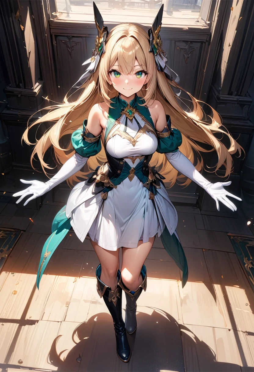 (masterpiece),(best quality),(ultra-detailed),(best illustration),(best shadow),(absurdres),(detailed background),(very aesthetic), 1girl, green-eyes, solo, gloves, blonde-hair, ((long-hair)), white-gloves, looking-at-viewer, full-body, simple-background, boots, dress, breasts, smile, standing, hair-ornament, closed-mouth, bangs, outstretched-arms, knee-boots, medium-breasts, bare-shoulders, detached-sleeves, ribbon, headgear, blush, sleeveless, elbow-gloves, skirt