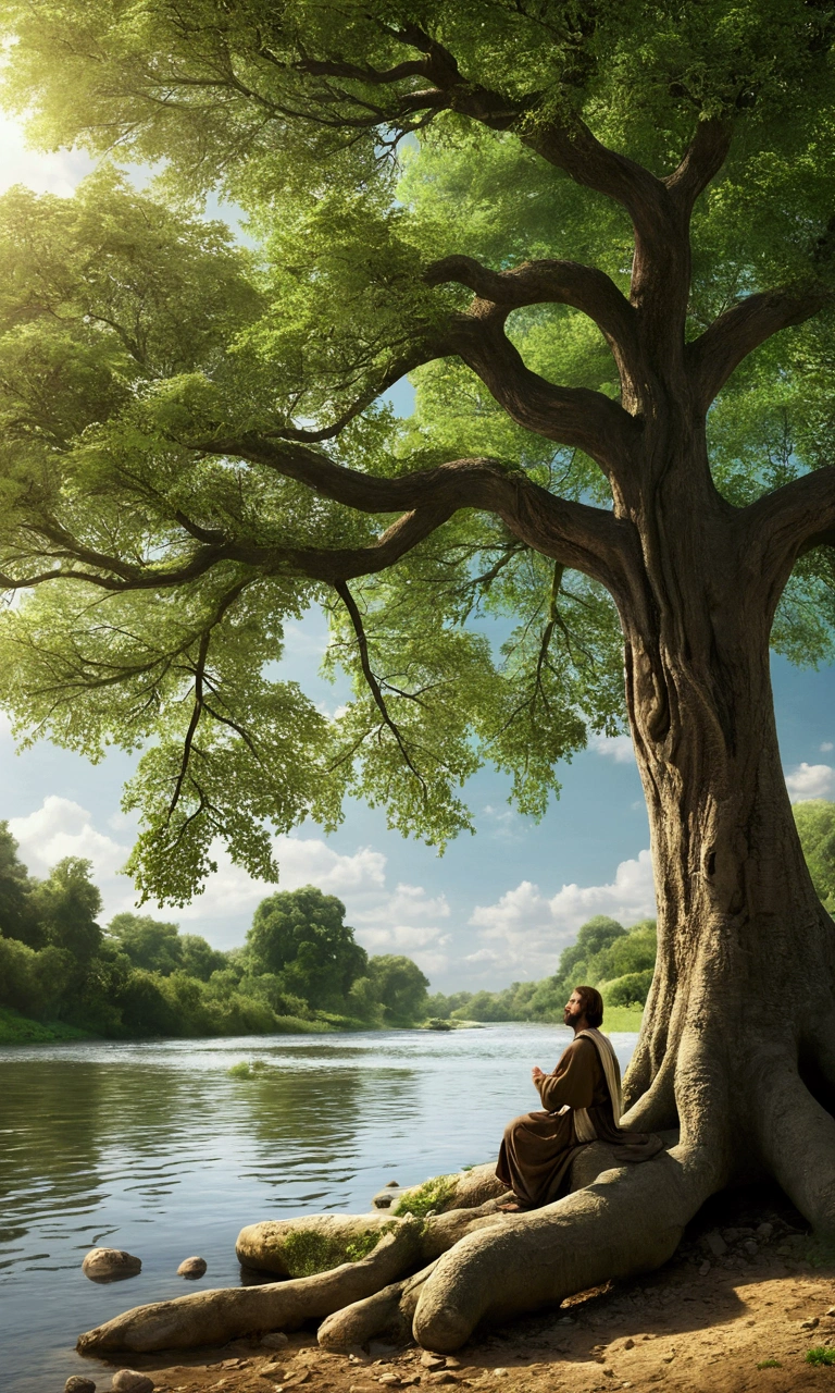 Create an image of a tree next to the river, Jesus is looking at the leafy tree, natural environment.