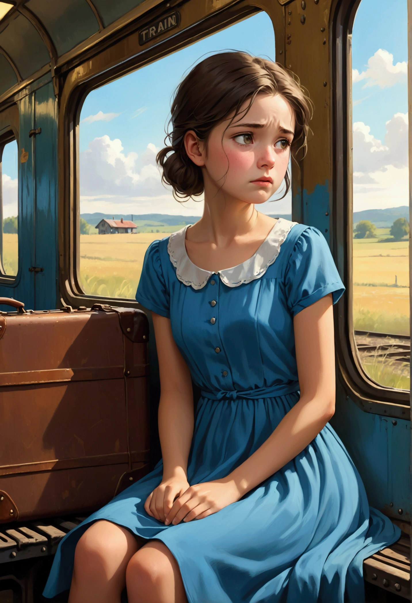 girl is sitting on an old train, looking through the window. Rural landscape is blurred by the movement of the train. She has a sad and lost expression, with a tear rolling down her cheek. She is wearing a simple blue dress and holding a small suitcase on her lap.. At the bottom, you can see the train station in the distance, where her grandparents are waiting for her.