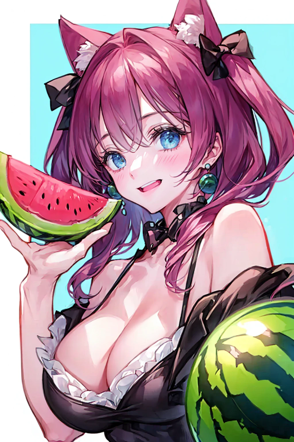 1girl,solo,cute,smile,bigbreast,cleavage,she has a watermelon,eating a watermelon