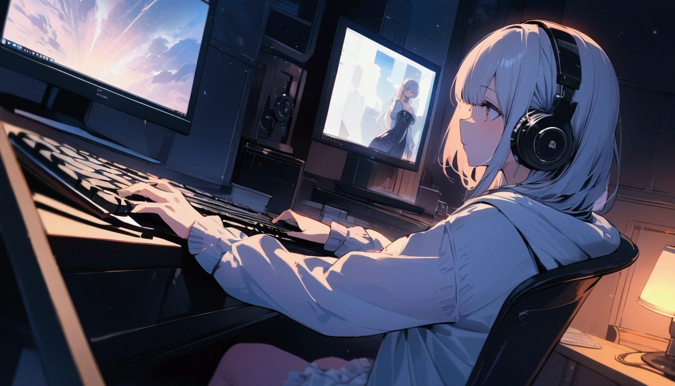 Highest quality,masterpiece,,high resolution,4K,Atmospheric,Detailed Description,Girl typing on a computer keyboard,evening,Private room,headphone,A foolproof move,Staring at your computer screen