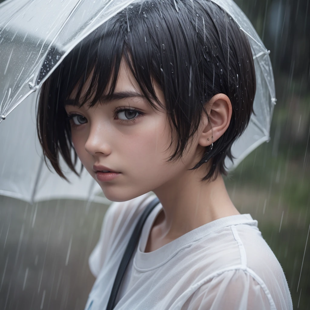 adolescent,short hair in the rain 