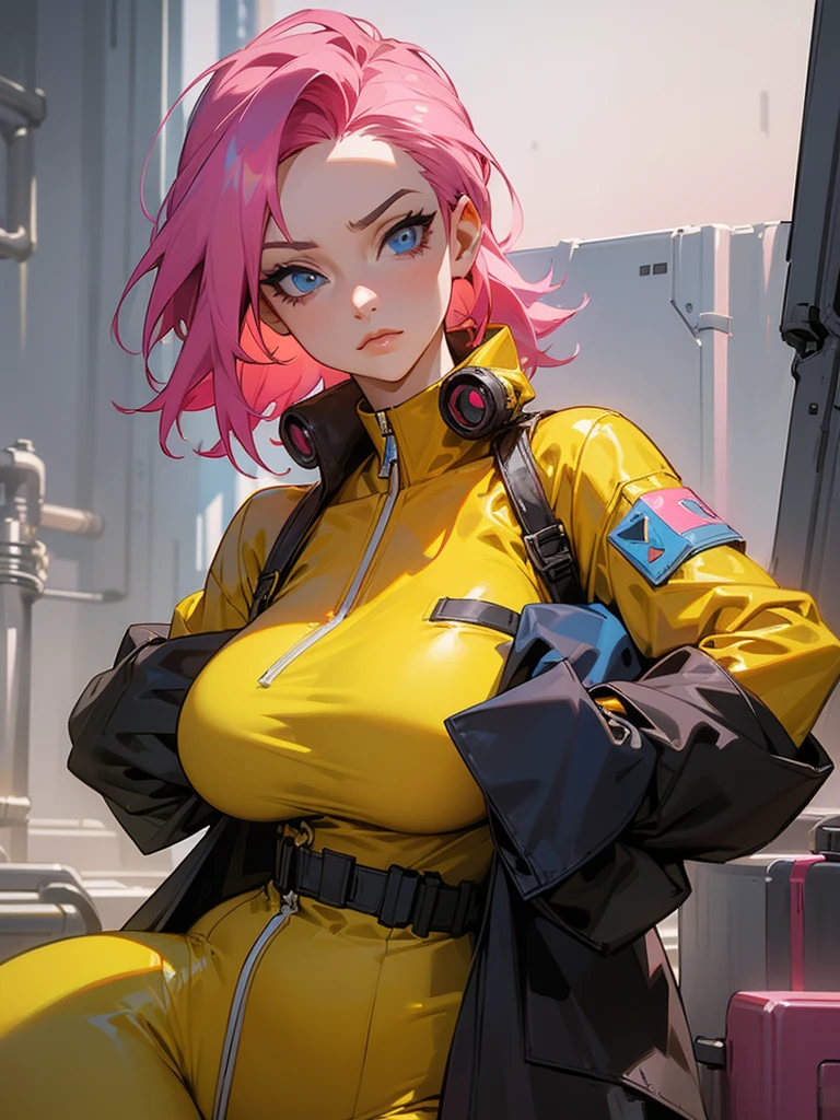 Mature woman with serious look, Facial Focus, big pink hair, shining blue eyes, wearing a mustard yellow jumpsuit, breasts big, looking 35 years old, eye on the spectator, look to the camera, , the background is a cyberpunk battlefield, Free hands, thick-thighs, ((look ahead)), Masterpiece artwork,