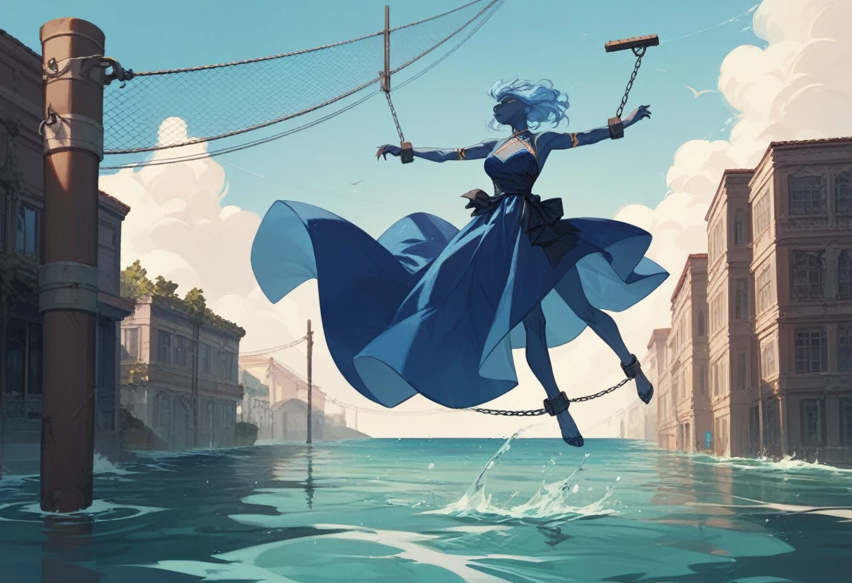 Deep blue sea scenery, Painted woman, dark blue, and short light blue hair, mourning ,floating, water chain links bind your wrists, blue fur, blue dress. Hands chained, transparent water handles.
