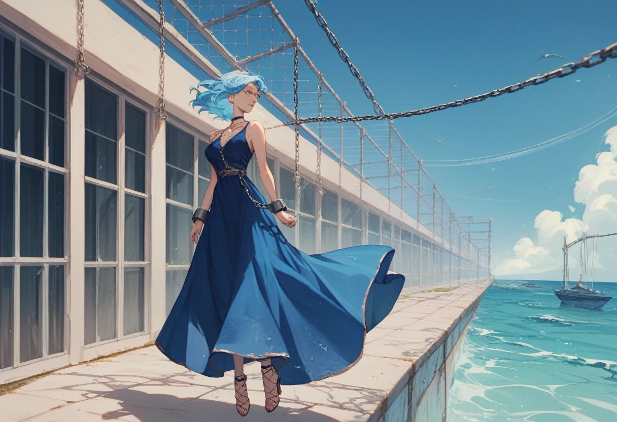 Deep blue sea scenery, Painted woman, dark blue, and short light blue hair, mourning ,floating, water chain links bind your wrists, blue fur, blue dress. Hands chained, transparent water handles.