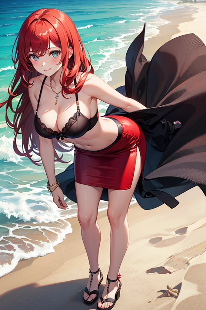 ((masterpiece, best quality, ultra-detailed)), 1girl, beautiful woman on the beach leaning forward, smiling, blush, wearing black beach bra and maxi pencil skirt, long pencil skirt, midriff, cleavage, full body picture, closeup, necklace, bracelet, sandals, wavy red hair, summer, beach