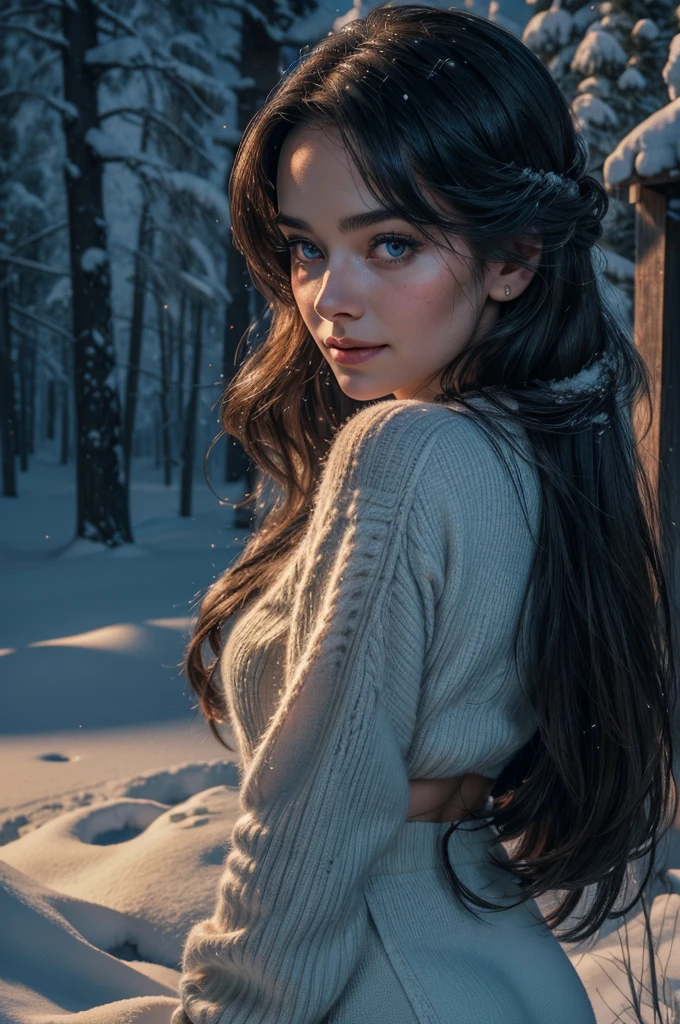 a mature 40s female teacher, beautiful detailed eyes, beautiful detailed lips, extremely detailed face and skin, long hair flowing down shoulders, teasing smile, satin panties, looking back coyly, (best quality,4k,8k,highres,masterpiece:1.2),ultra-detailed,(realistic,photorealistic,photo-realistic:1.37),beautiful lighting,dreamy atmosphere,cinematic,high quality portrait,elegant,sensual,provocative a snowy winter landscape in siberia, snow covered pines, frozen lake, beautiful detailed sky, dramatic lighting, highly detailed, (best quality,4k,8k,highres,masterpiece:1.2),ultra-detailed,(realistic,photorealistic,photo-realistic:1.37),stunning scenery, soft lighting, atmospheric, cinematic composition, muted color palette, cold tones