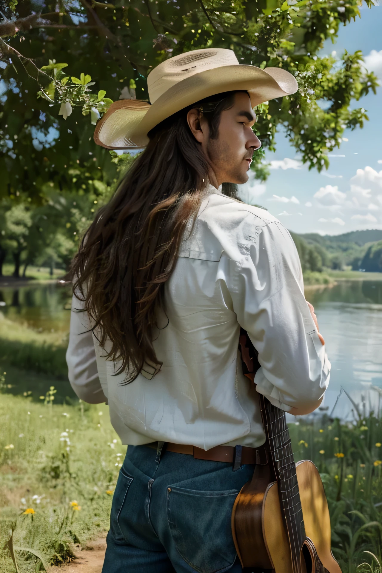 (best quality:1.1),(masterpiece:1.21),(highres:1.1),(extremely detailed 8K wallpaper:1.1),(panorama:1.5),outdoors,(imid shot:0.95),(imid shot,macro shot:1.25), A country music singer dressed as a cowboy. He stands facing the horizon, with long curly hair cascading down his back, playing a guitar. He is positioned beside a serene lake, surrounded by lush green trees and colorful wildflowers. He is facing the lake. The sky above is a clear blue with patchy white clouds. The image should have a warm, nostalgic atmosphere, capturing the essence of country music.