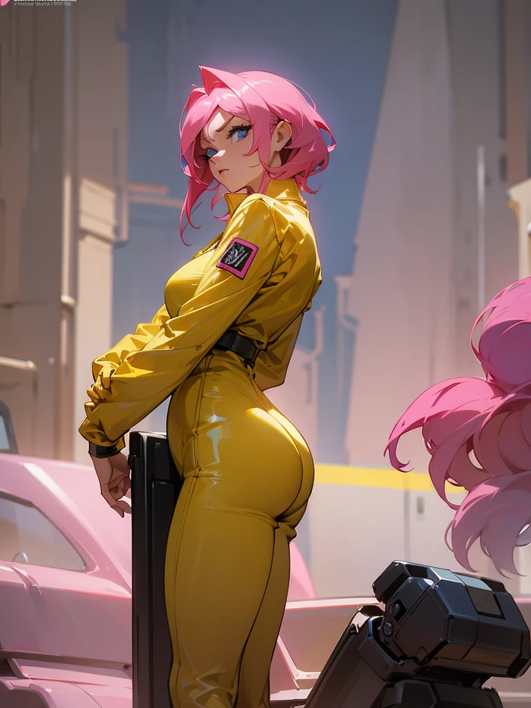 Mature woman with serious look, Facial Focus, big pink hair, shining blue eyes, wearing a mustard yellow jumpsuit, breasts big, looking 35 years old, eye on the spectator, look to the camera, , the background is a cyberpunk battlefield, Free hands, thick-thighs, ((look ahead)), Masterpiece artwork,