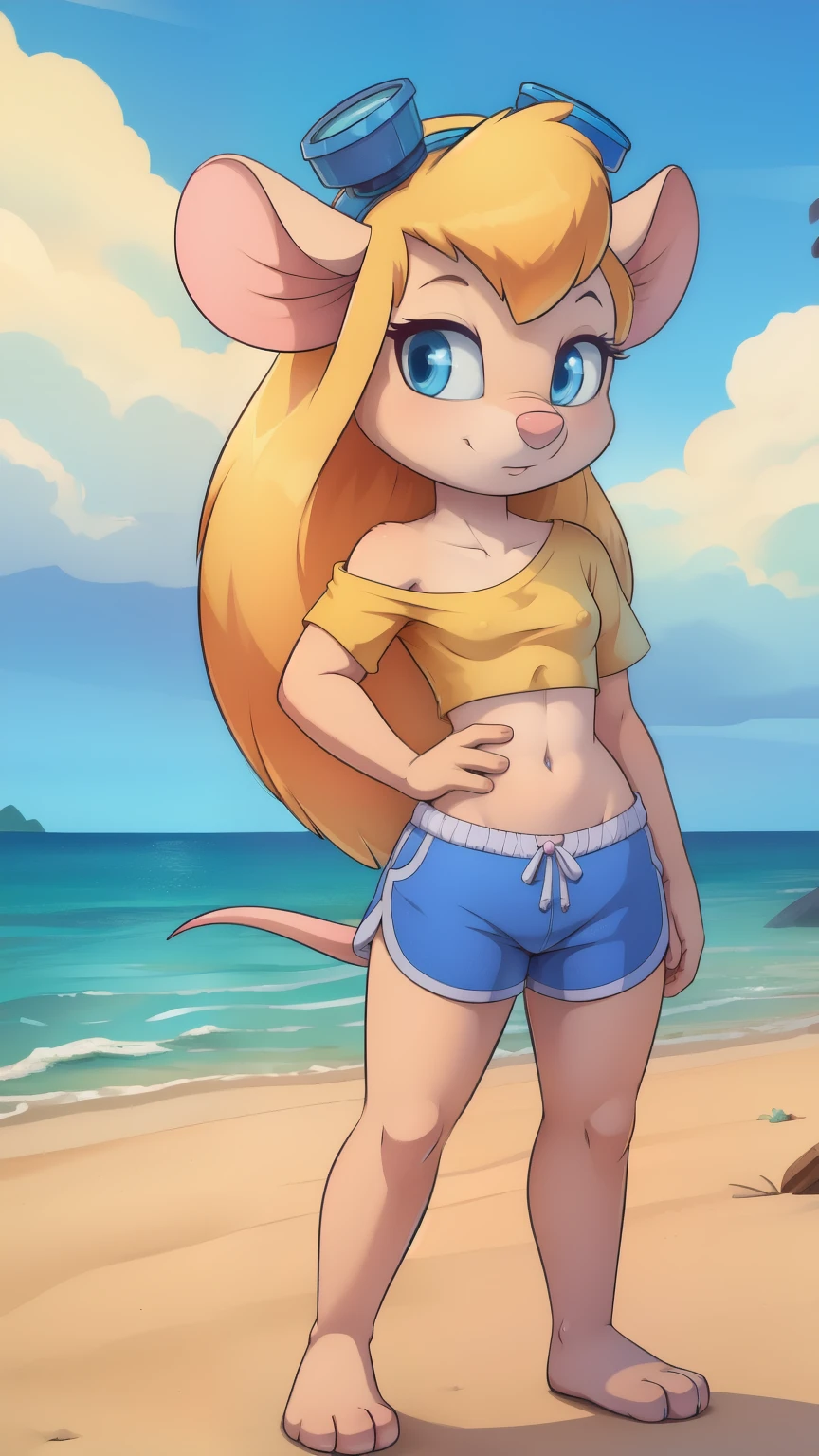 Gadget Hackwrench, young, mouse, blonde hair, long hair, narrowed eyes, blue eyes, pink nose, body fur, small breasts, detailed body fur, detailed face, detailed eyes, glistering body, shiny body, gorgeous body, masterpiece, high quality, ((goggles, yellow shirt, one shoulder off, midriff, blue shorts)), full body, feets with three toes, 3 toes, beach, clear sky, :3, standing, 