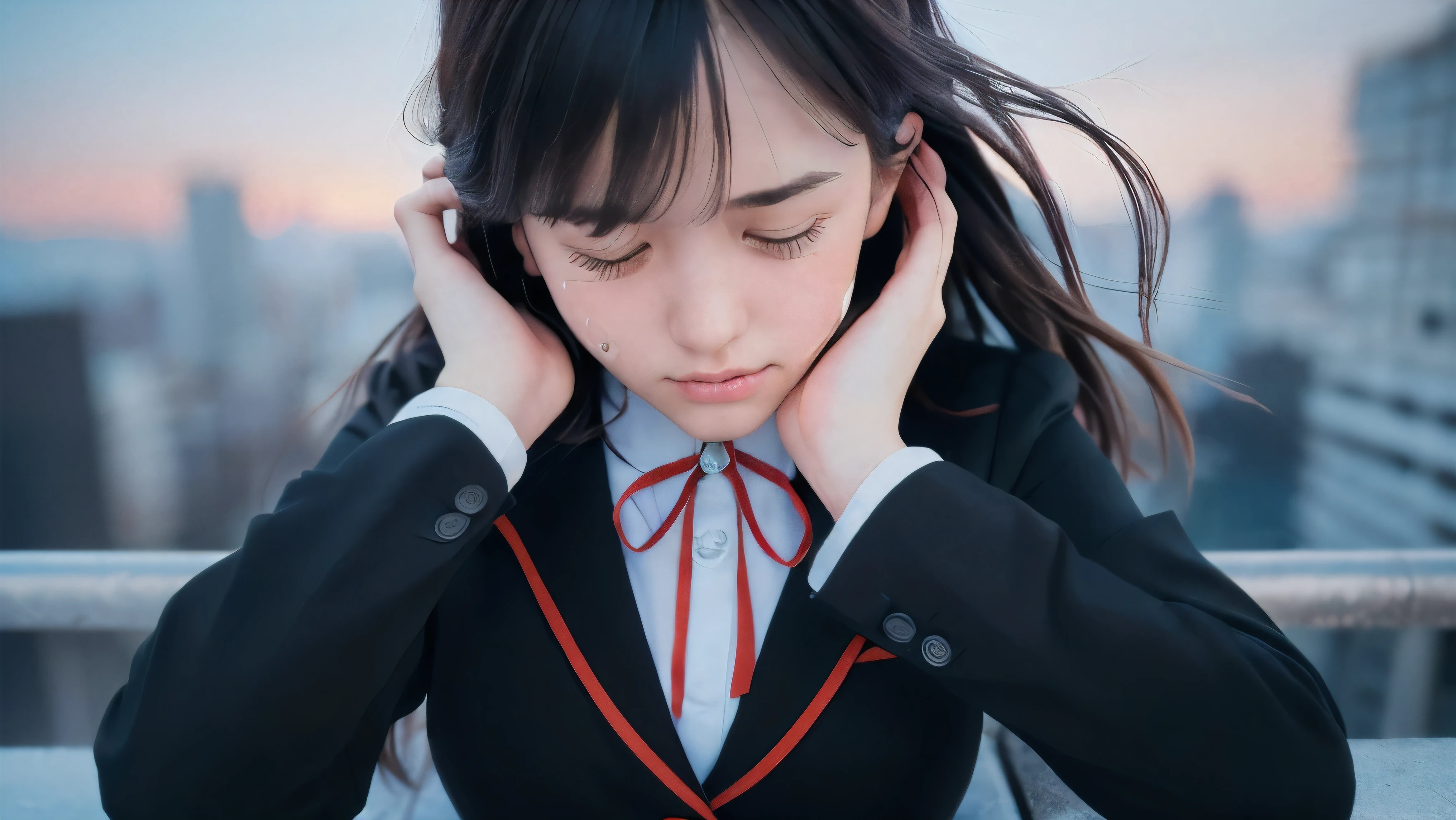 (Close up face shot of one slender small breasts two side up black medium hair bangs girl in long sleeves black school uniform:1.5)、(One girl is face down with crying face from the rooftop of the building and her hair is blowing by the winds at midnight:1.5)、(Big city landscape at midnight:1.5)、(8k ultra detailed master piece:1.5)、(perfect anatomy:1.5)、(Photorealistic stick:1.5)、(Raw photo:1.3)、(highest quality:1.5)、(High resolution:1.3)、(Delicate and beautiful perfect face:1.3)、(Delicate and beautiful eye air skin:1.3)、(Real Human Skin:1.3)、((thin legs))