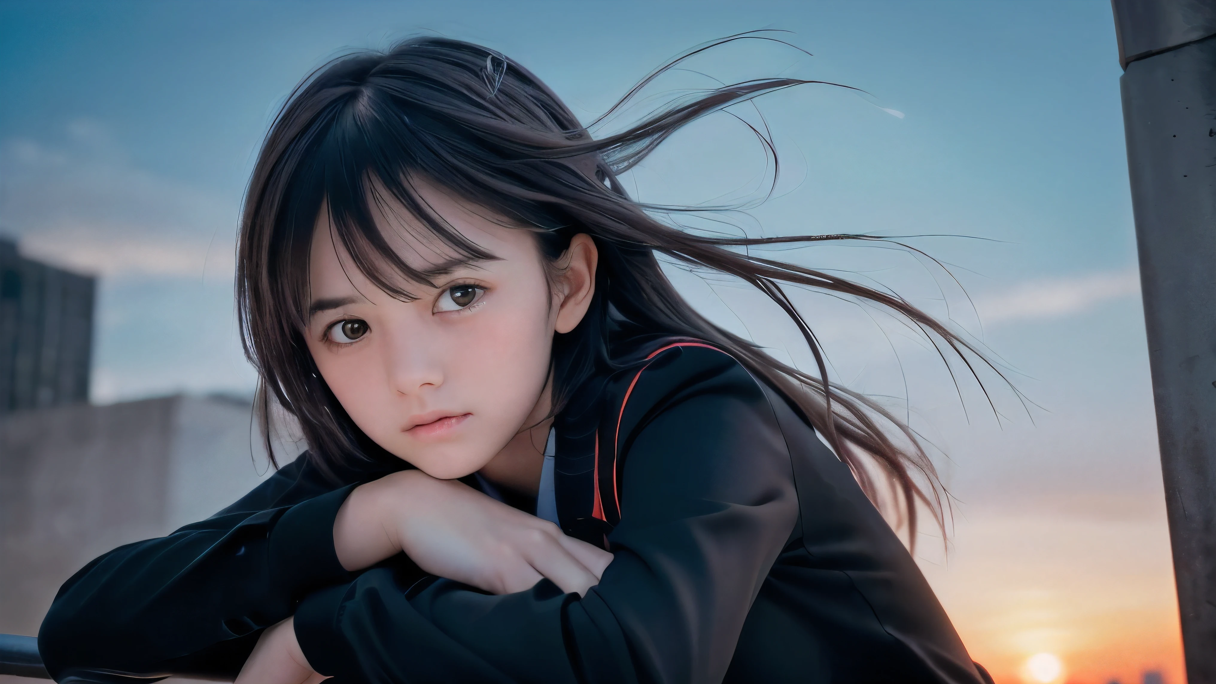 (Close up face shot of one slender small breasts two side up black medium hair bangs girl in long sleeves black school uniform:1.5)、(One girl is face down with crying face from the rooftop of the building and her hair is blowing by the winds at midnight:1.5)、(Big city landscape at midnight:1.5)、(8k ultra detailed master piece:1.5)、(perfect anatomy:1.5)、(Photorealistic stick:1.5)、(Raw photo:1.3)、(highest quality:1.5)、(High resolution:1.3)、(Delicate and beautiful perfect face:1.3)、(Delicate and beautiful eye air skin:1.3)、(Real Human Skin:1.3)、((thin legs))