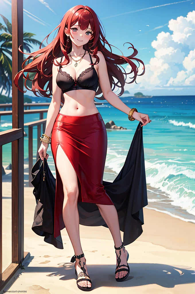 ((masterpiece, best quality, ultra-detailed)), 1girl, beautiful woman on the beach, smiling, blush, wearing black bra and maxi pencil skirt, long pencil skirt, midriff, full body picture, necklace, bracelet, sandals, wavy red hair, summer, beach