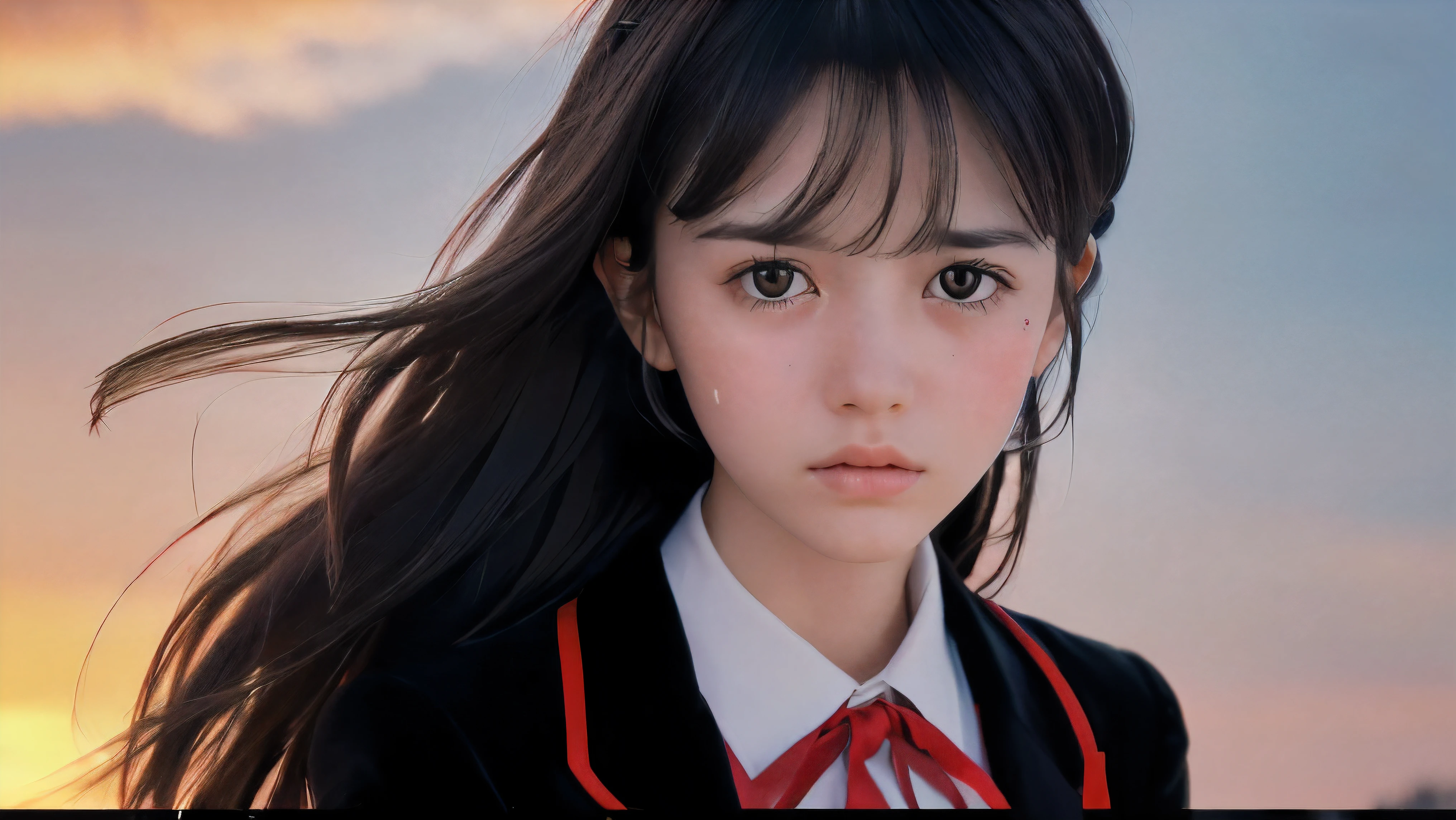 (Close up face shot of one slender small breasts two side up black medium hair bangs girl with crying face in long sleeves black school uniform:1.5)、(One girl is turn around at sunset red sky with her face is reflected sunset light and her hair is blowing in long sleeves black school uniform:1.5)、(Beautiful red sunset sky at skyscraper city landscape:1.5)、(8k ultra detailed master piece:1.5)、(perfect anatomy:1.5)、(Photorealistic stick:1.5)、(Raw photo:1.3)、(highest quality:1.5)、(High resolution:1.3)、(Delicate and beautiful perfect face:1.3)、(Delicate and beautiful eye air skin:1.3)、(Real Human Skin:1.3)、((thin legs))