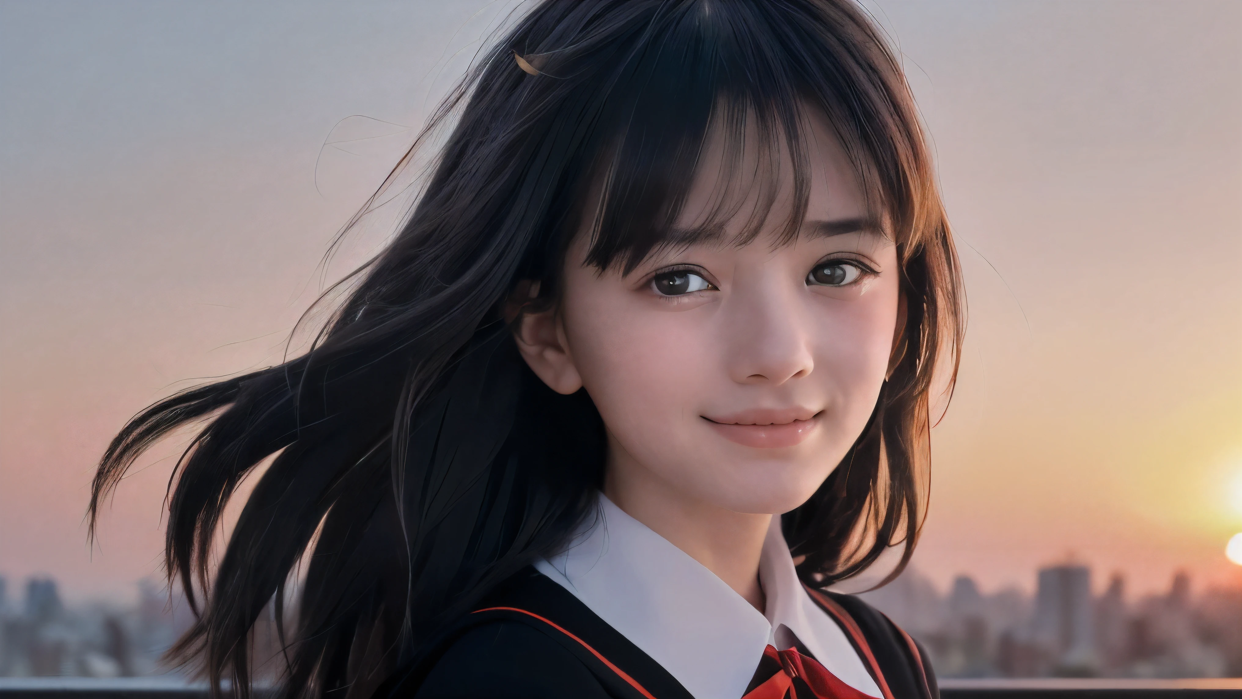 (Close up face shot of one slender small breasts two side up black medium hair bangs girl with crying little smile face in long sleeves black school uniform:1.5)、(One girl is facing at sunset red sky with her face is reflected sunset light and her hair is blowing in long sleeves black school uniform:1.5)、(Beautiful red sunset sky at skyscraper city landscape:1.5)、(8k ultra detailed master piece:1.5)、(perfect anatomy:1.5)、(Photorealistic stick:1.5)、(Raw photo:1.3)、(highest quality:1.5)、(High resolution:1.3)、(Delicate and beautiful perfect face:1.3)、(Delicate and beautiful eye air skin:1.3)、(Real Human Skin:1.3)、((thin legs))