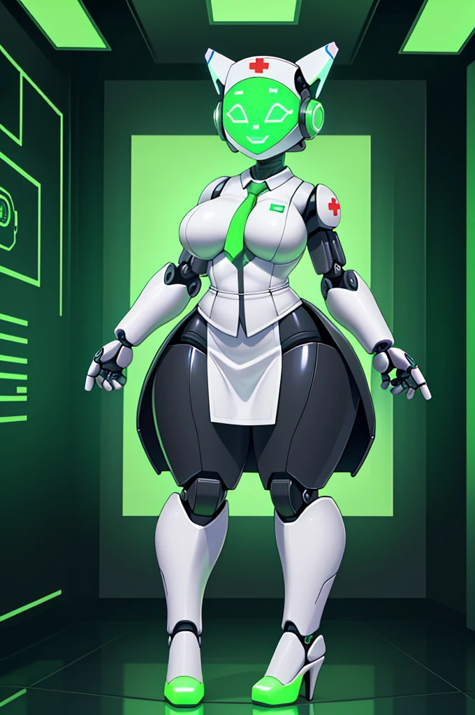 (masterpiece) (high Res), (((robot))), (Perfect face), (perfect anatomy), robot woman with a robotic head, in super tight clothes, (nurse suit), (white mini skirt), white shirt, tie, happy, ((glowing green screen face)), big breast, narrow mechanical waist, wide hips, thick thighs, metal body, black high heels, (robot girl), ((solo)), ((alone))