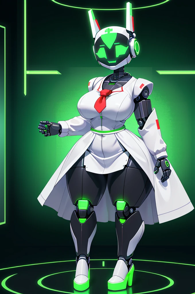 (masterpiece) (high Res), (((robot))), (Perfect face), (perfect anatomy), robot woman with a robotic head, in super tight clothes, (nurse suit), (white mini skirt), white shirt, tie, happy, ((glowing green screen face)), big breast, narrow mechanical waist, wide hips, thick thighs, metal body, black high heels, (robot girl), ((solo)), ((alone))